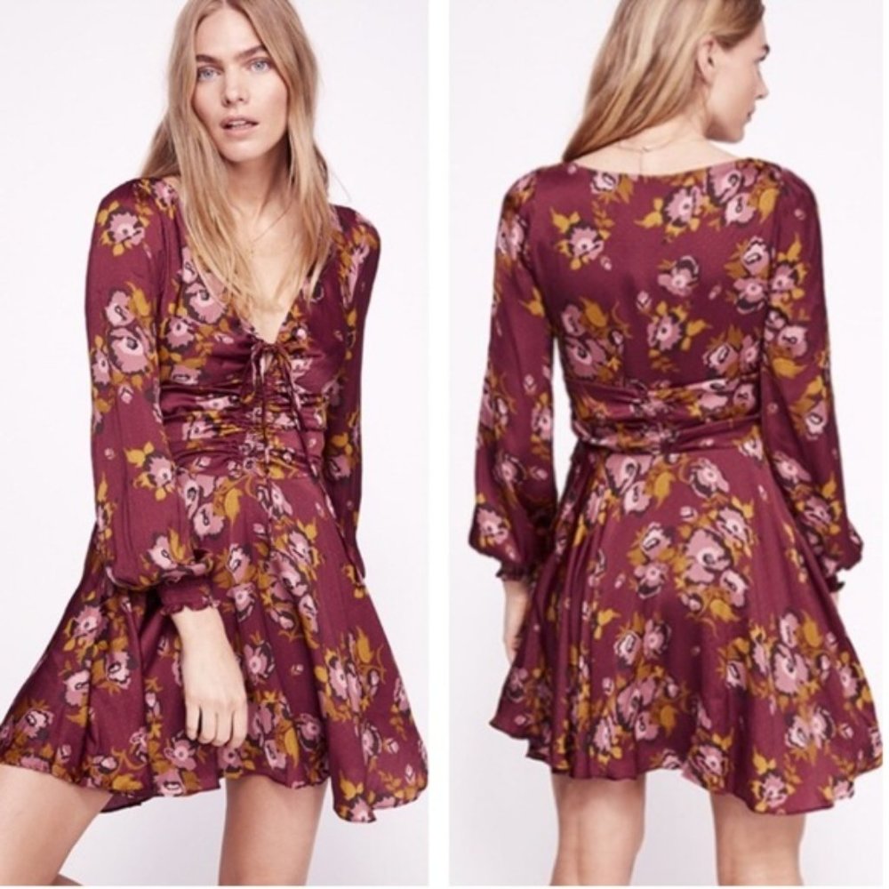 NWT Free People Com Light Floral Satin Long Sleeve Polka Dot Mini Dress …